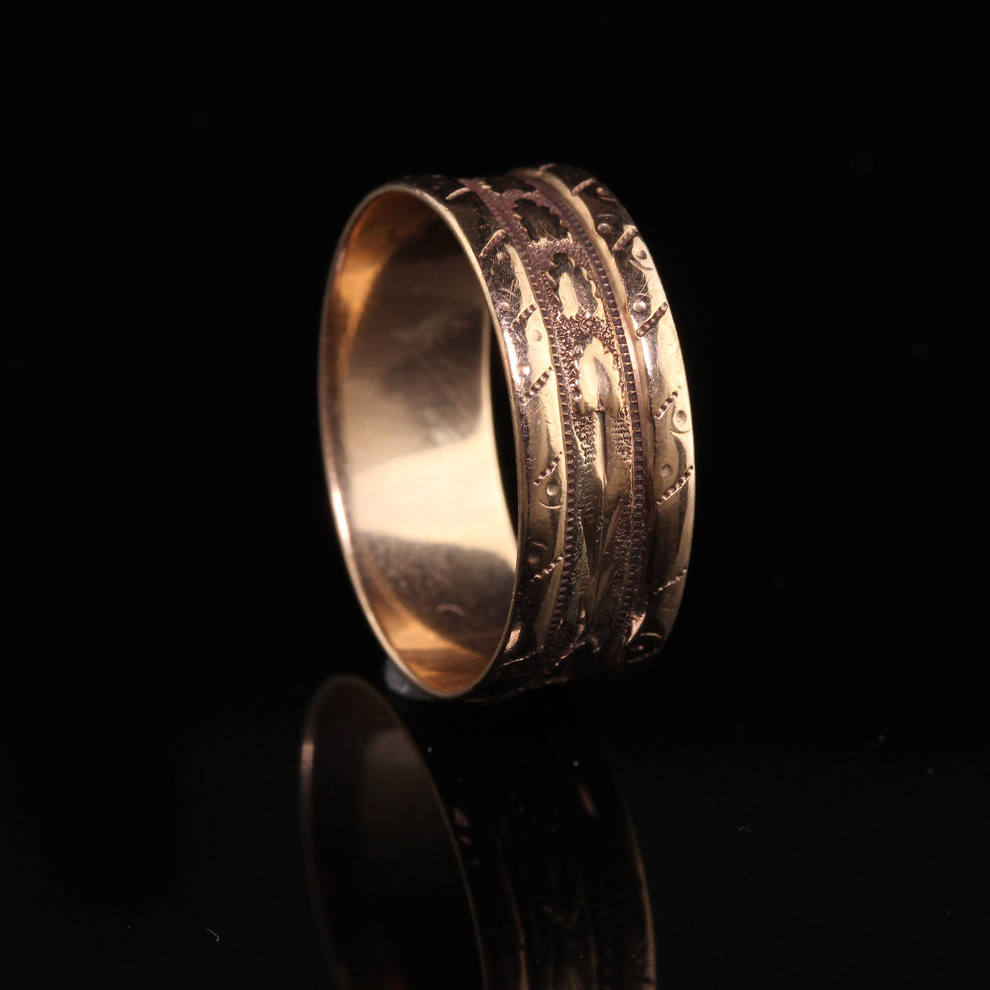 Antique Victorian 10K Yellow Gold Engraved Wide Wedding Band - Size 8 1/4