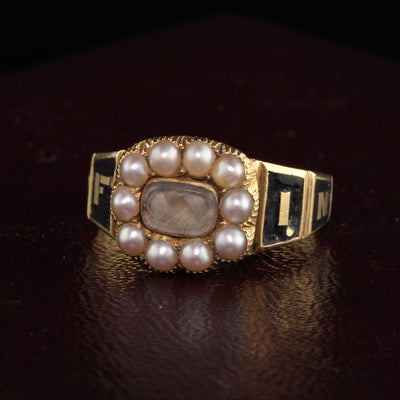 Antique Victorian 18K Yellow Gold Enamel Pearl In Memory of Mourning Ring