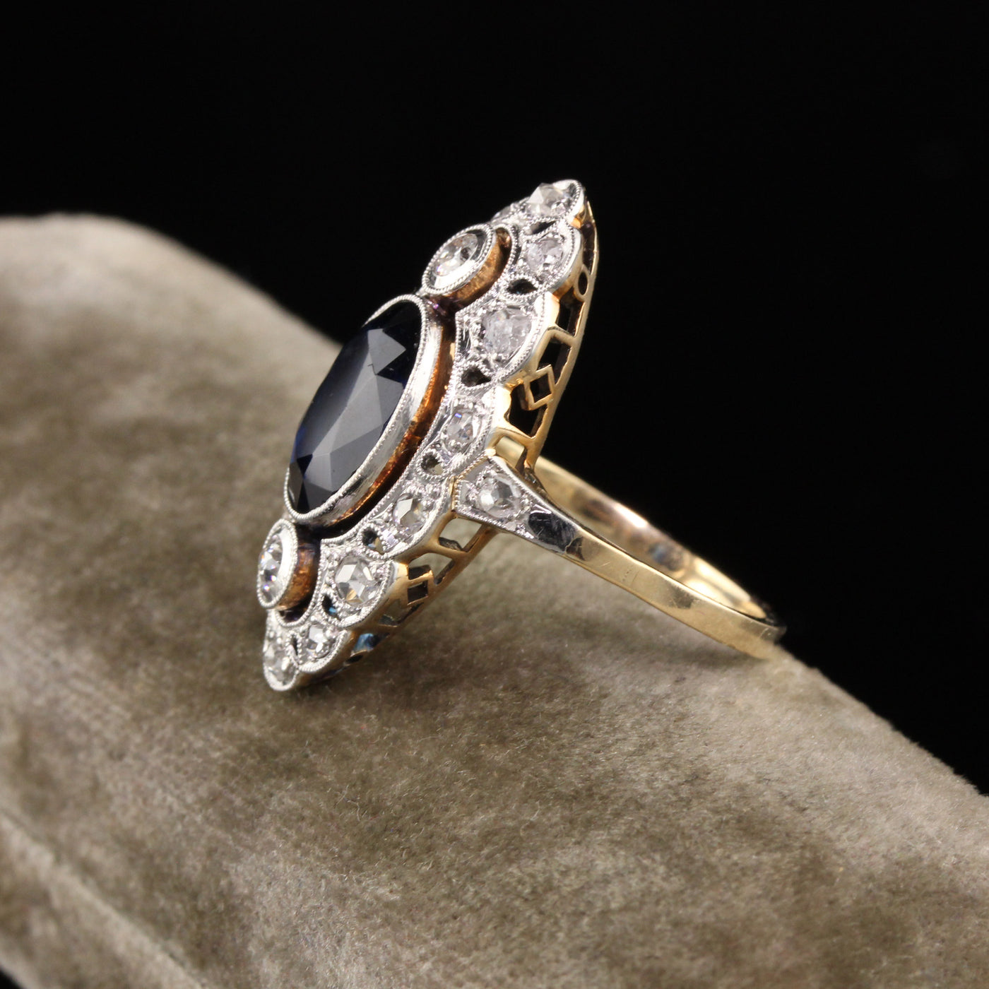 Antique Art Deco 14K Yellow Gold and Platinum Diamond and Sapphire Ring