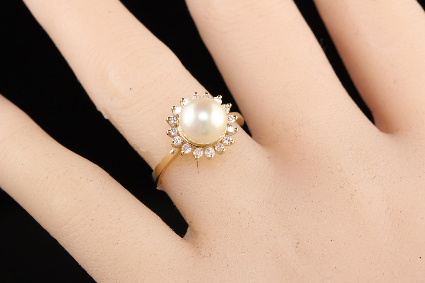 14K Yellow Gold Pearl and Diamond Halo Ring
