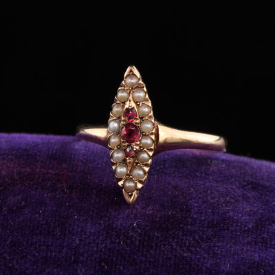 Antique Victorian 14K Rose Gold Ruby and Seed Pearl Navette Ring
