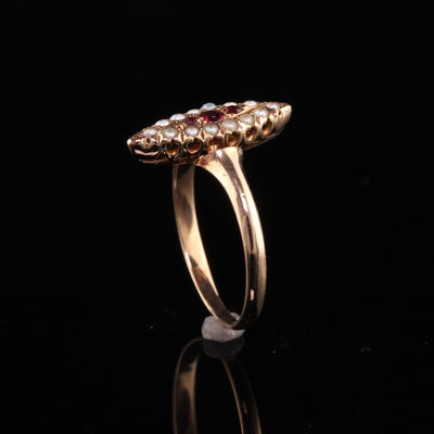 Antique Victorian 14K Rose Gold Ruby and Seed Pearl Navette Ring