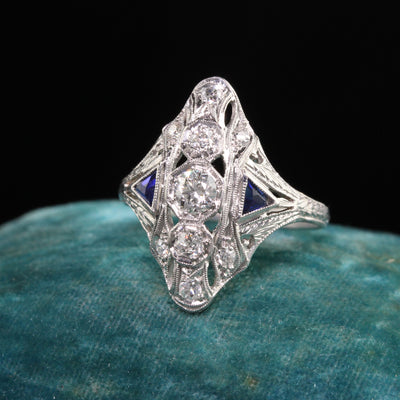 Antique Art Deco Platinum Old Mine Diamond and Sapphire Shield Ring