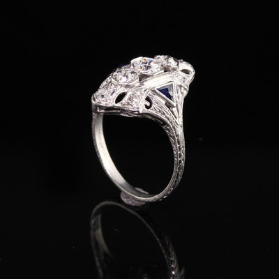 Antique Art Deco Platinum Old Mine Diamond and Sapphire Shield Ring