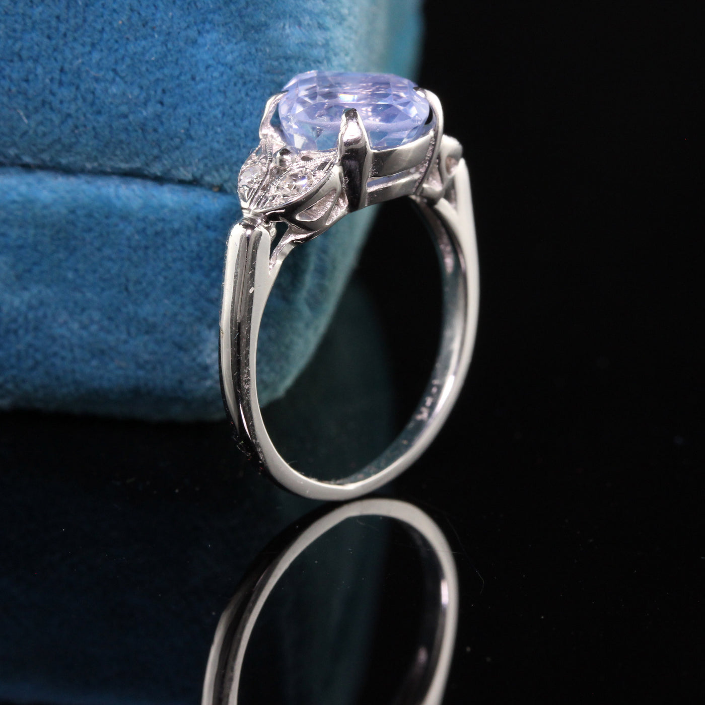 Antique Art Deco 14K White Gold Old Cut Sapphire and Diamond Engagement Ring
