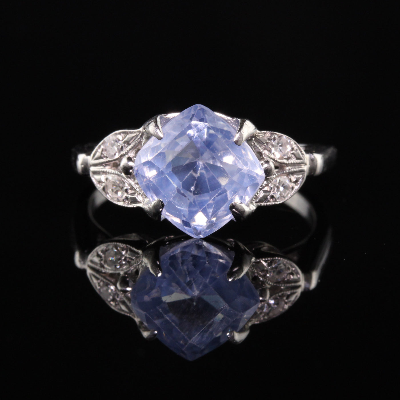 Antique Art Deco 14K White Gold Old Cut Sapphire and Diamond Engagement Ring