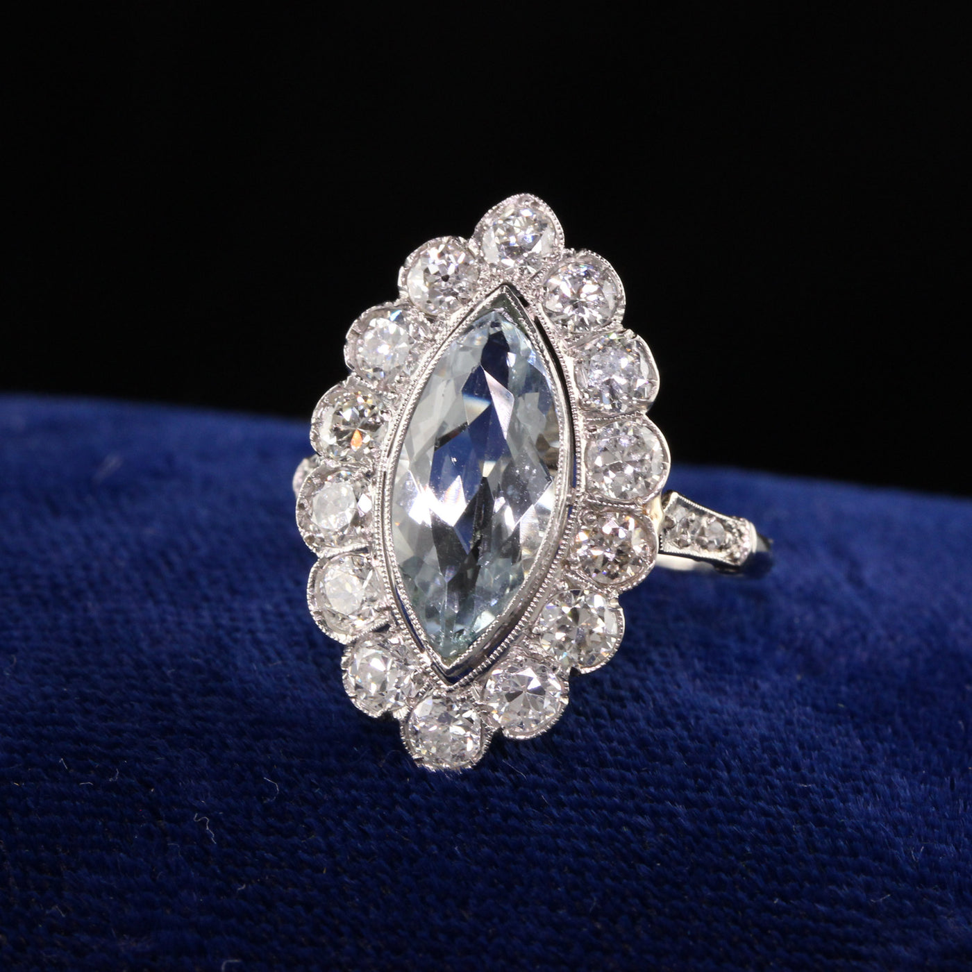 Antique Art Deco Platinum Aquamarine Old European Engagement Ring