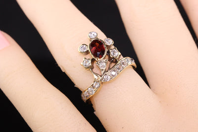 Antique Victorian 14K Yellow Gold Garnet and Old Mine Cut Diamond Ring