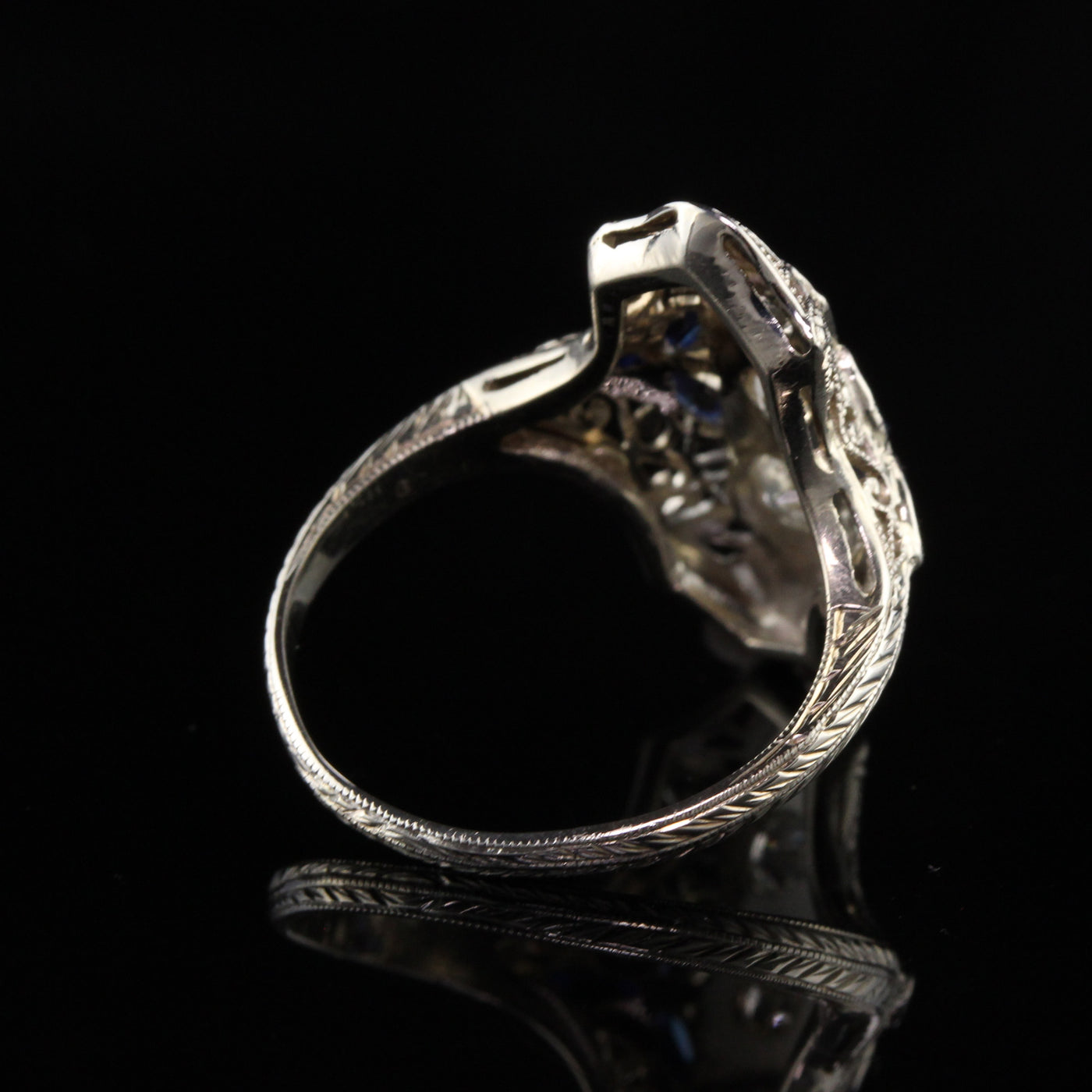 Antique Art Deco 18K White Gold Old Mine Cut Diamond and Sapphire Shield Ring