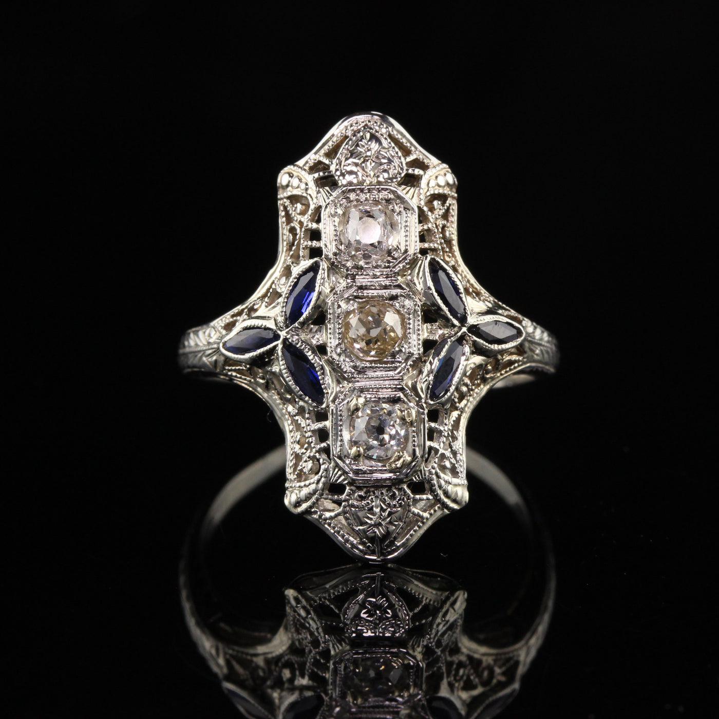 Antique Art Deco 18K White Gold Old Mine Cut Diamond and Sapphire Shield Ring