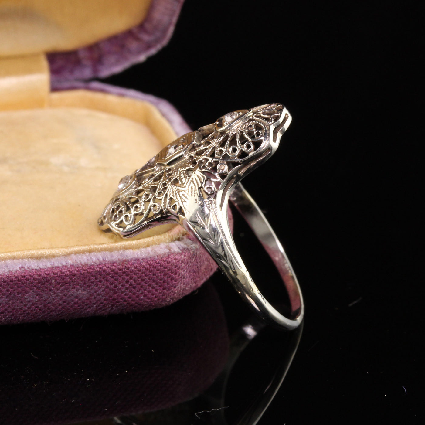 Antique Art Deco 18K White Gold Diamond and Filigree Shield Ring
