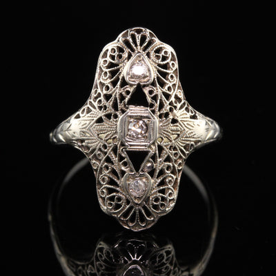 Antique Art Deco 18K White Gold Diamond and Filigree Shield Ring