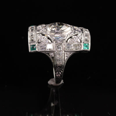 Antique Art Deco Platinum Old Cut Pear and Carre Cut Diamond Shield Ring