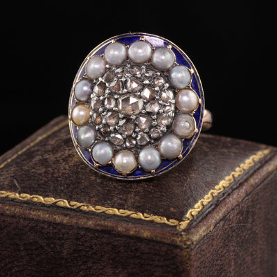 Antique Victorian 9K Rose Gold Rose Cut Diamond and Enamel Statement Ring