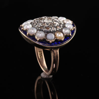Antique Victorian 9K Rose Gold Rose Cut Diamond and Enamel Statement Ring