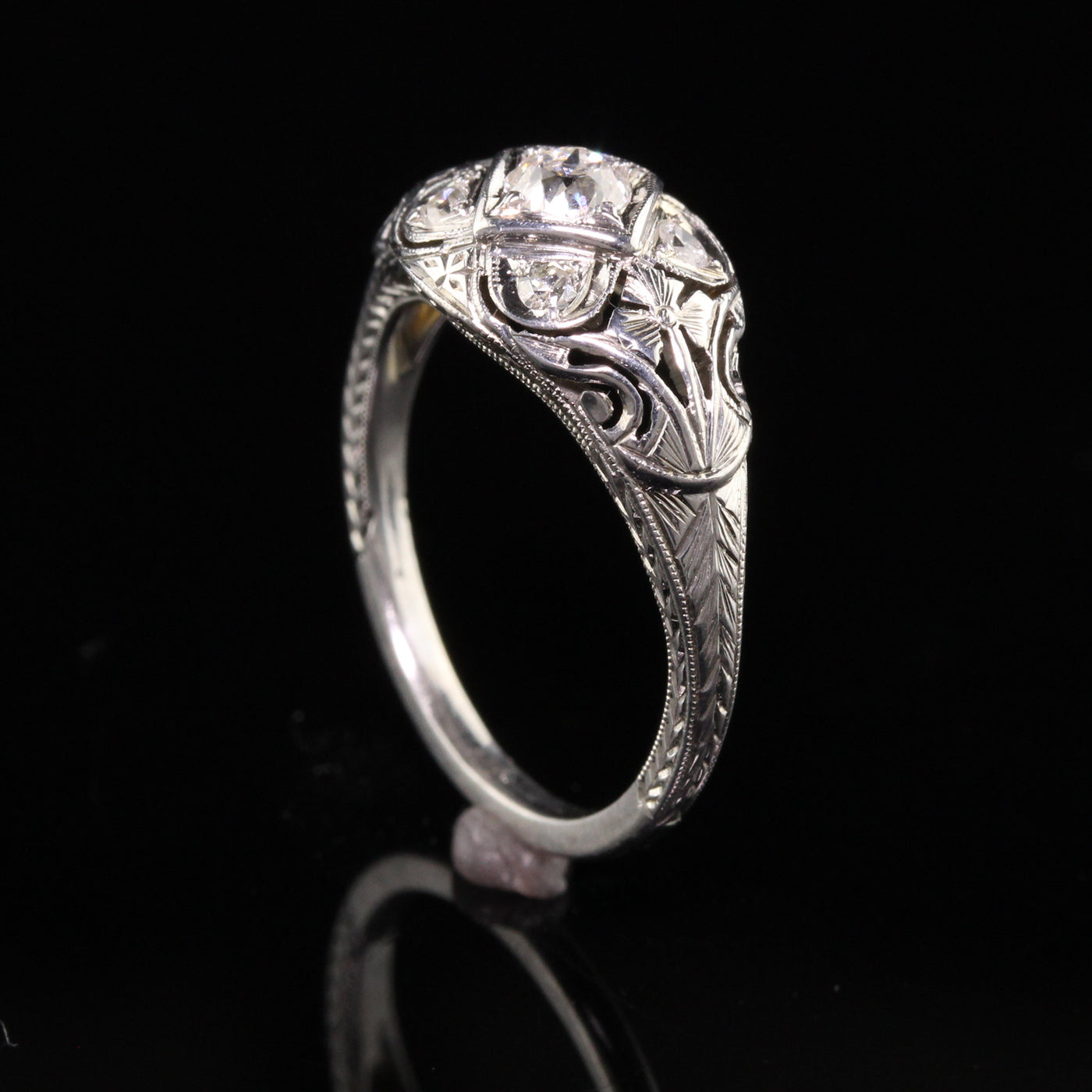 Antique Art Deco Barth 18K White Gold Old European Diamond Ring
