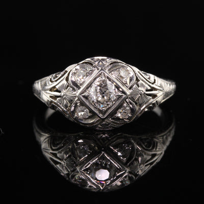 Antique Art Deco Barth 18K White Gold Old European Diamond Ring