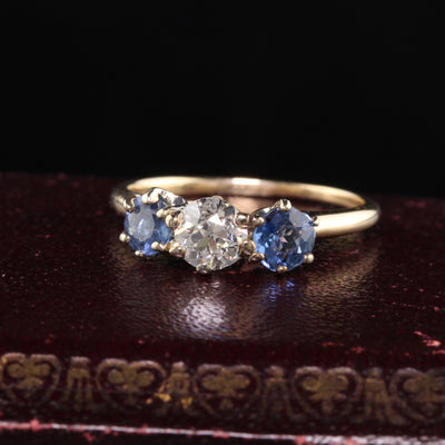 Antique Victorian 14K Yellow Gold Old European Diamond Sapphire Three Stone Ring