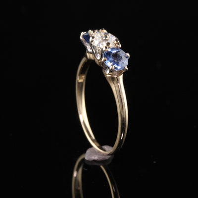 Antique Victorian 14K Yellow Gold Old European Diamond Sapphire Three Stone Ring