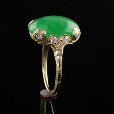 Antique Art Deco 18K Yellow Gold Cabochon Jade and Old European Diamond Ring