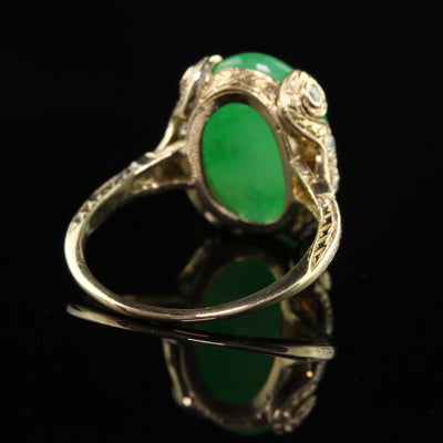 Antique Art Deco 18K Yellow Gold Cabochon Jade and Old European Diamond Ring