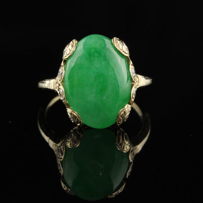 Antique Art Deco 18K Yellow Gold Cabochon Jade and Old European Diamond Ring