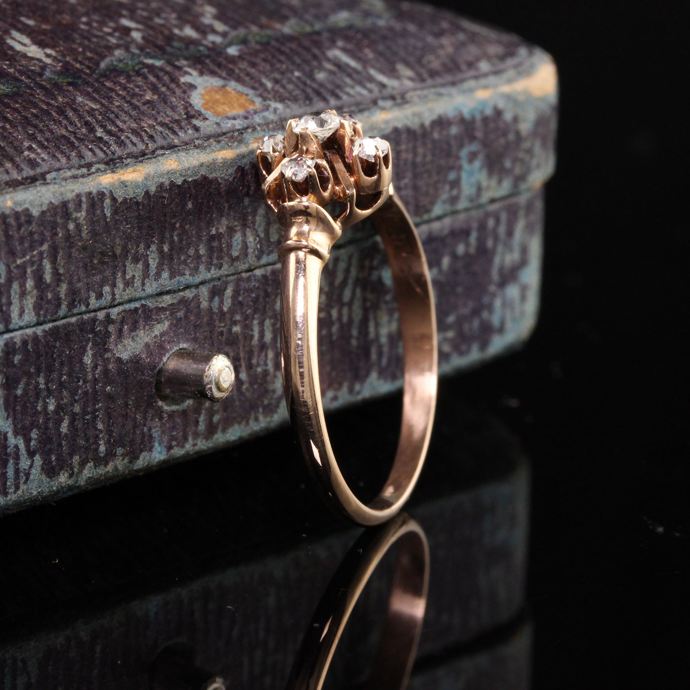 Antique Victorian 14K Rose Gold Old Mine Cut Diamond Ring