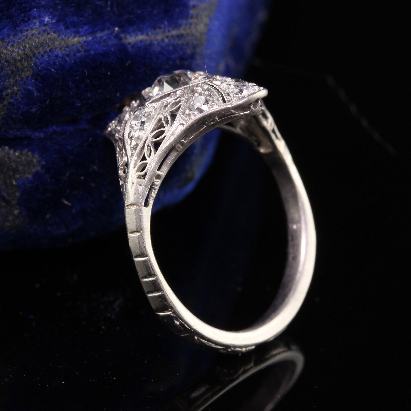 Antique Art Deco Platinum Old European Diamond Filigree Engagement Ring