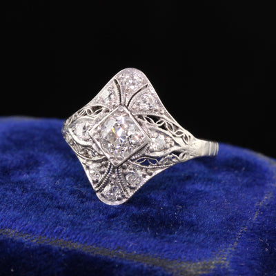 Antique Art Deco Platinum Old European Diamond Filigree Engagement Ring