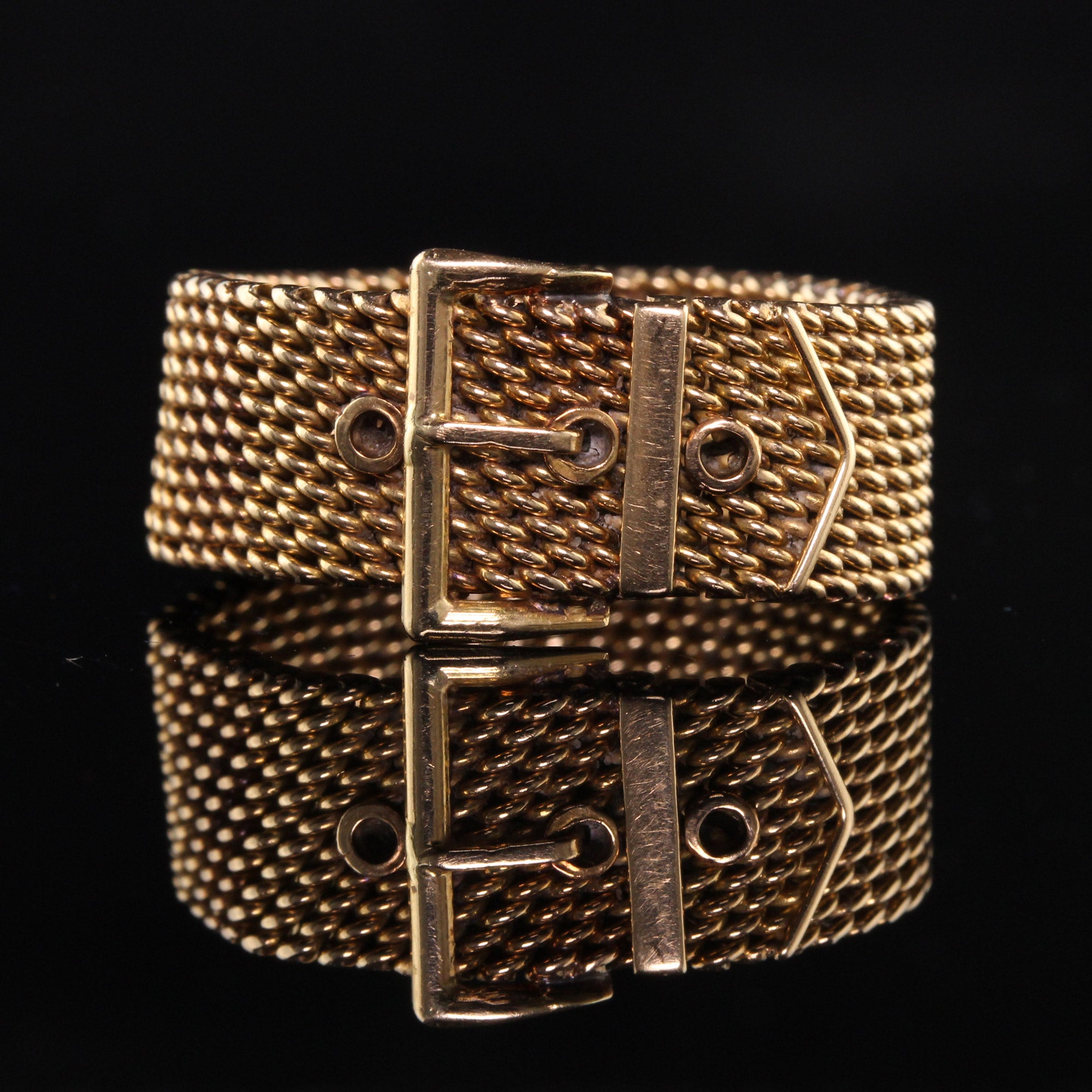 Vintage 18K Yellow Gold Mesh Belt Buckle Ring (Adjustable Sizes: 7, 7.5, 8)