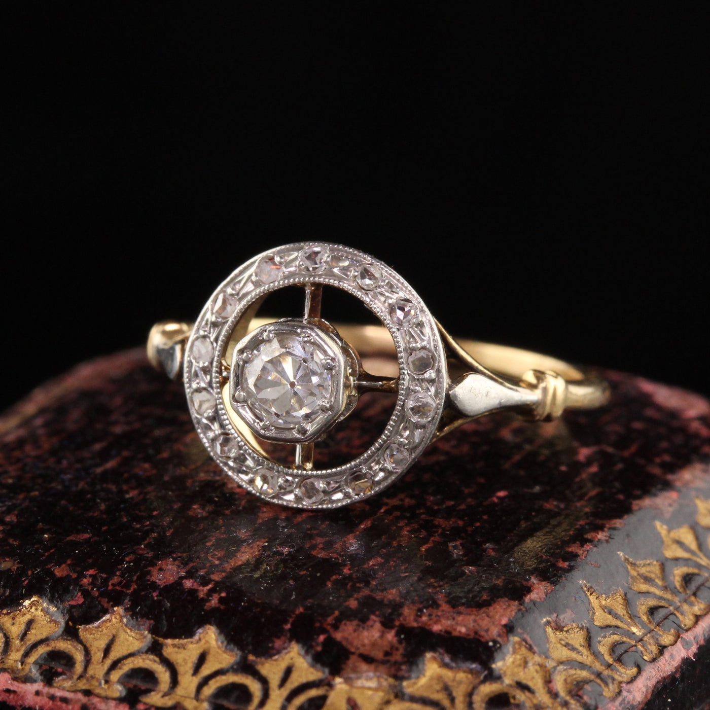 Antique Victorian 18K Yellow Gold Old Mine Cut Diamond Engagement Target Ring