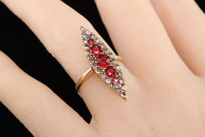 Antique Victorian 14K Yellow Gold Ruby and Rose Cut Diamond Navette Ring