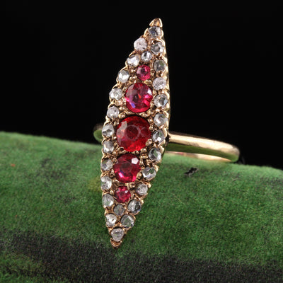 Antique Victorian 14K Yellow Gold Ruby and Rose Cut Diamond Navette Ring