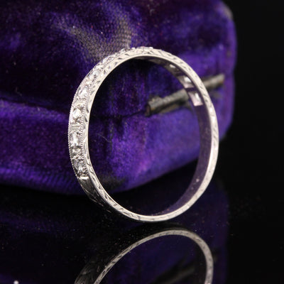 Antique Art Deco Platinum Rose Cut Diamond Engraved Wedding Band