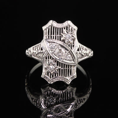 Antique Art Deco 18K White Gold Old European Diamond Filigree Ring