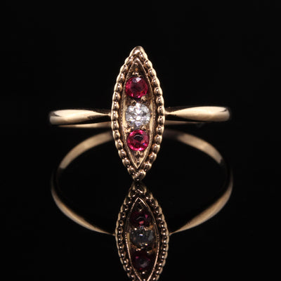 Antique Victorian 10K Rose Gold Diamond and Ruby Navette Ring