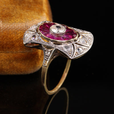 Antique Edwardian 18K Yellow Gold Platinum Old European Diamond Ruby Shield Ring