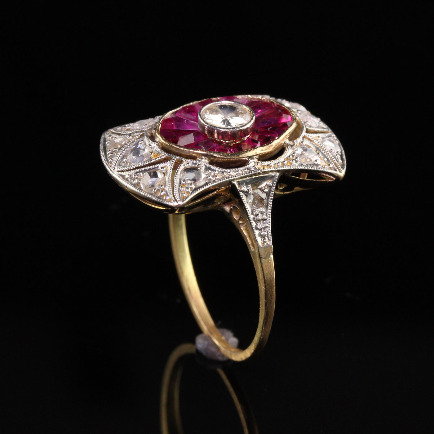 Antique Edwardian 18K Yellow Gold Platinum Old European Diamond Ruby Shield Ring