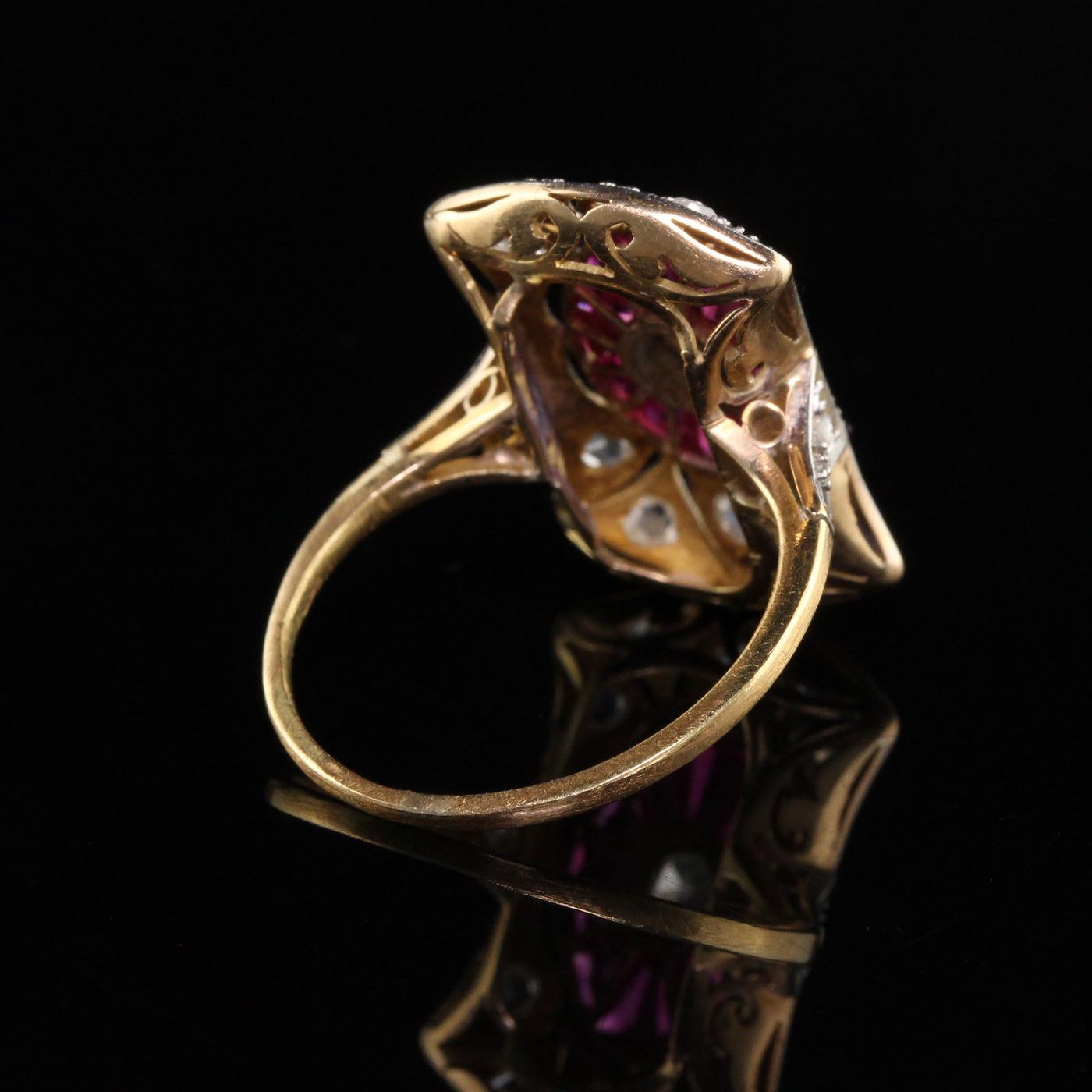 Antique Edwardian 18K Yellow Gold Platinum Old European Diamond Ruby Shield Ring