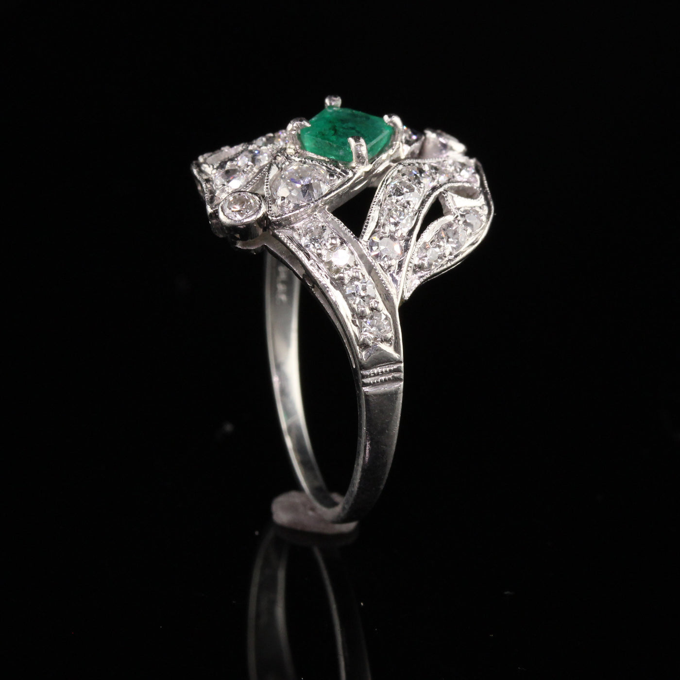 Antique Art Deco Platinum Emerald Old European Diamond Statement Ring