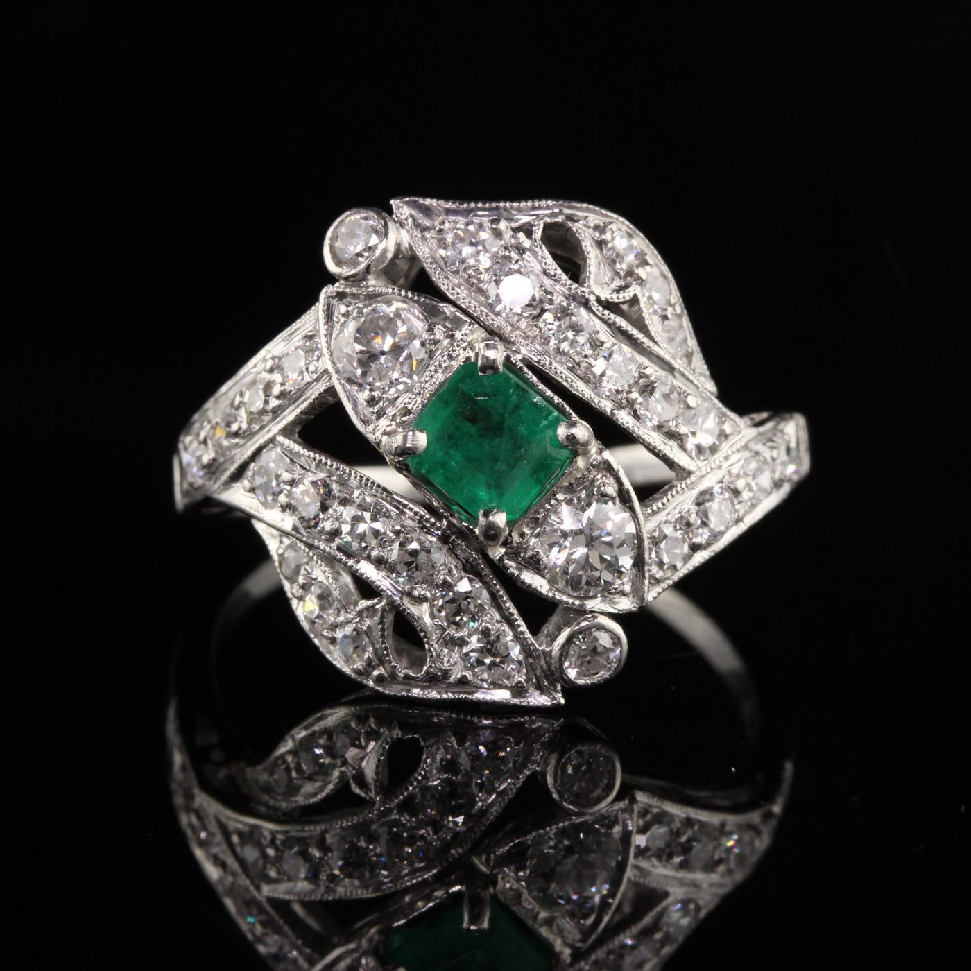 Antique Art Deco Platinum Emerald Old European Diamond Statement Ring