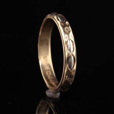 Antique Art Deco Art Carved 14K Yellow Gold Two Tone Engraved Wedding Band