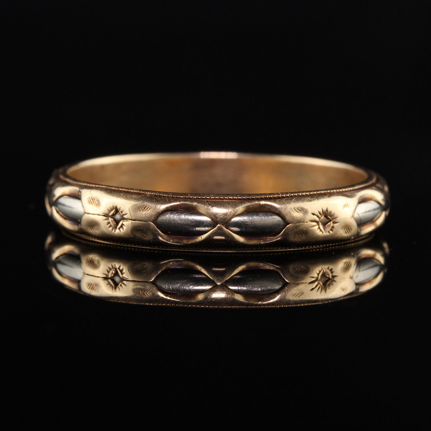 Antique Art Deco Art Carved 14K Yellow Gold Two Tone Engraved Wedding Band
