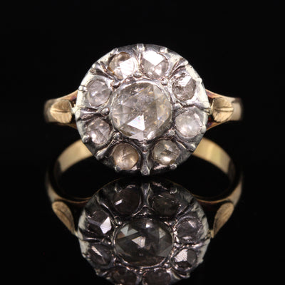 Antique Georgian 18K Yellow Gold Silver Top Rose Cut Cluster Engagement Ring