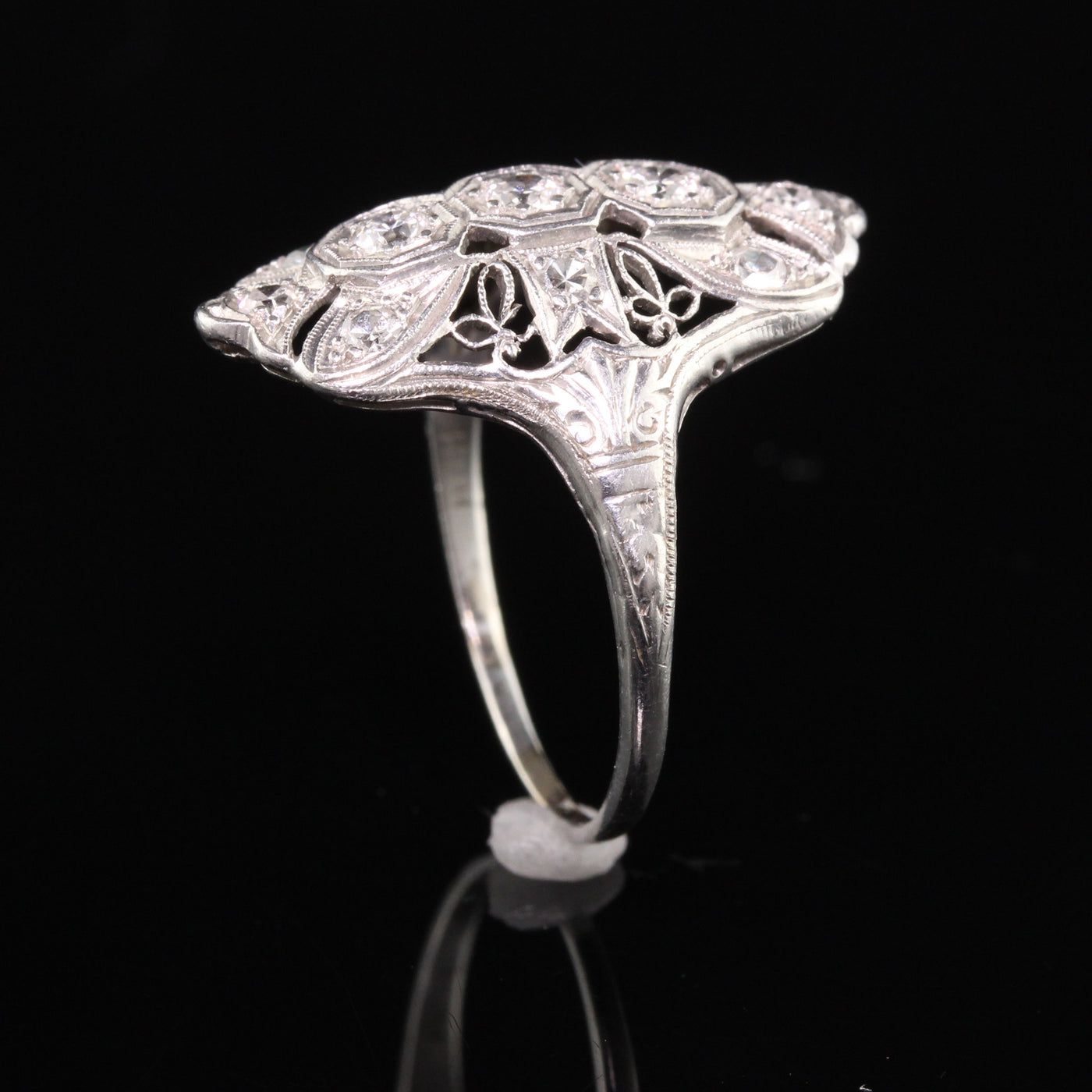 Antique Art Deco Platinum Old European Diamond Filigree Shield Ring