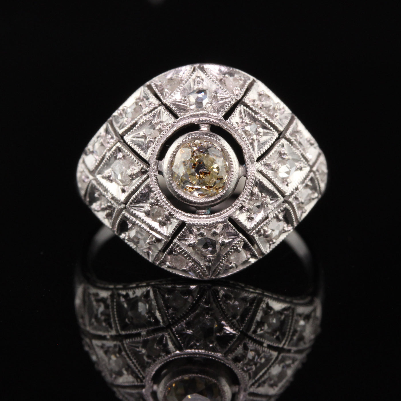 Antique Art Deco Platinum Old Mine Diamond Filigree Domed Ring