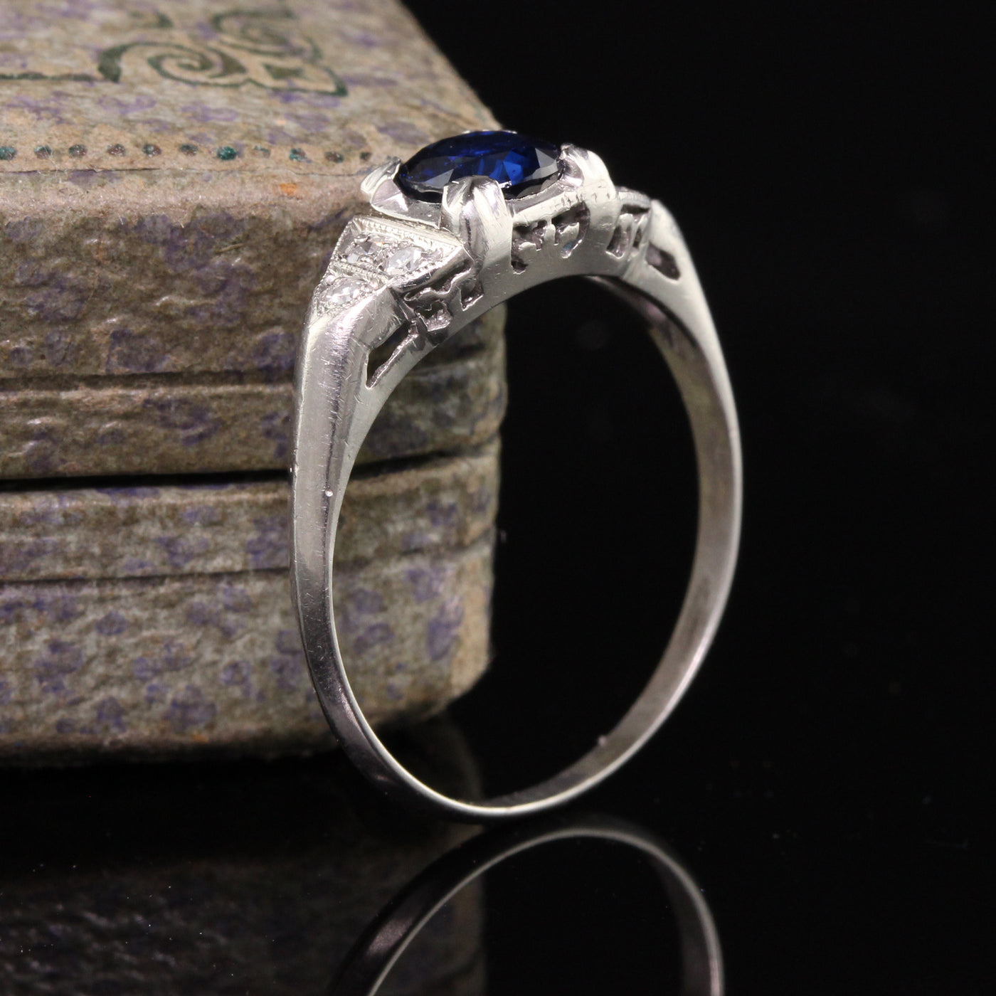 Antique Art Deco Platinum Oval Sapphire Diamond Engagement Ring