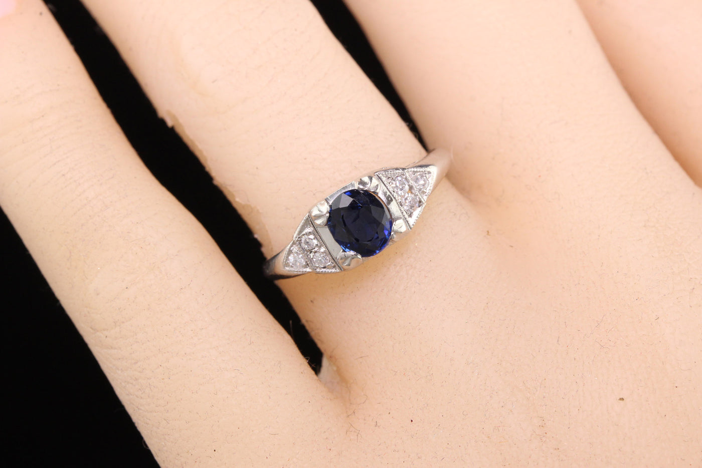 Antique Art Deco Platinum Oval Sapphire Diamond Engagement Ring