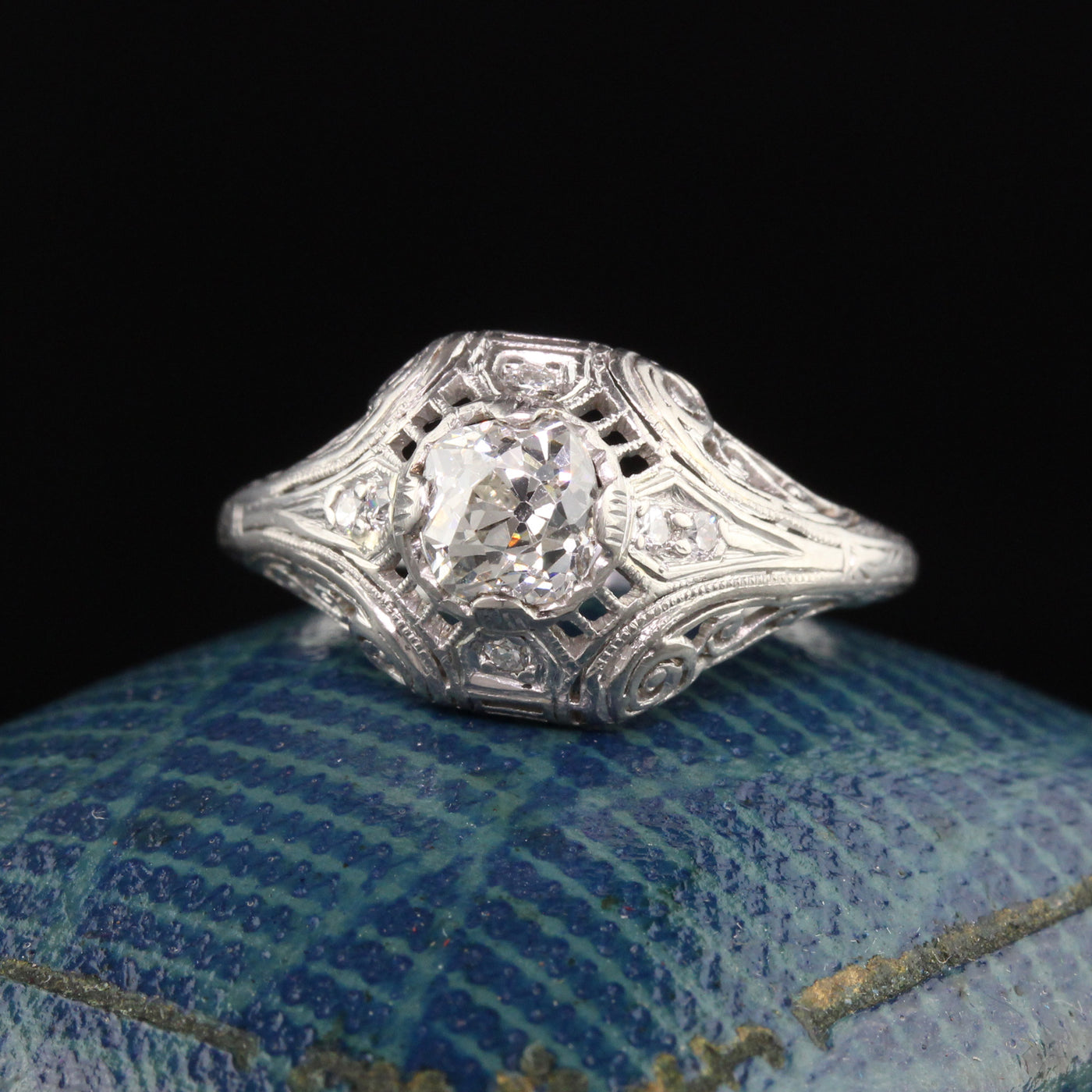 Antique Art Deco Platinum Old Mine Diamond Filigree Engagement Ring