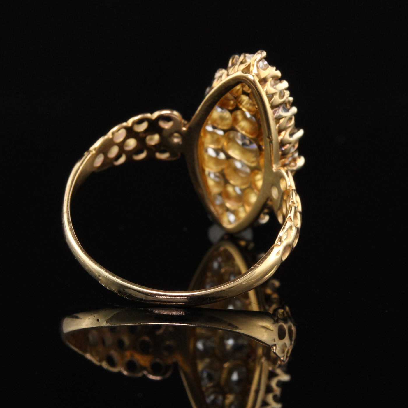 Antique Victorian 18K Yellow Gold Old Mine Diamond Navette Shield Ring